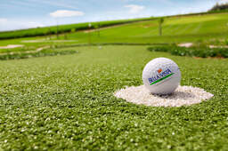 Auf einem Golfplatz bei Bad Birnbach liegt ein Golfball auf einem weiß markierten Punkt